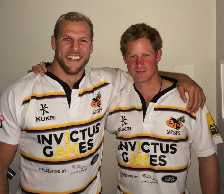 James Haskell and Prince Harry wear their special WASPs rugby shirts to support the games