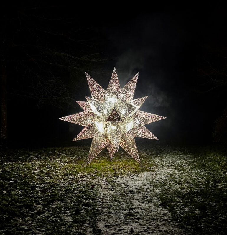 The star is among the Christmas lights at Stourhead